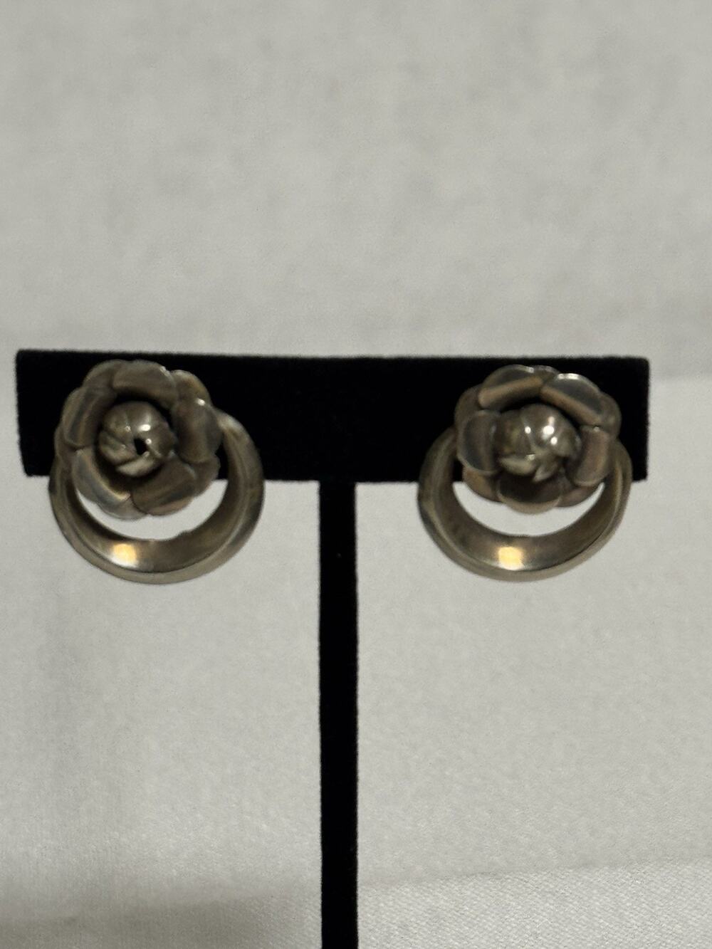 Vintage Hand-Made Open Rose Screw Back Earrings Sterling SIlver